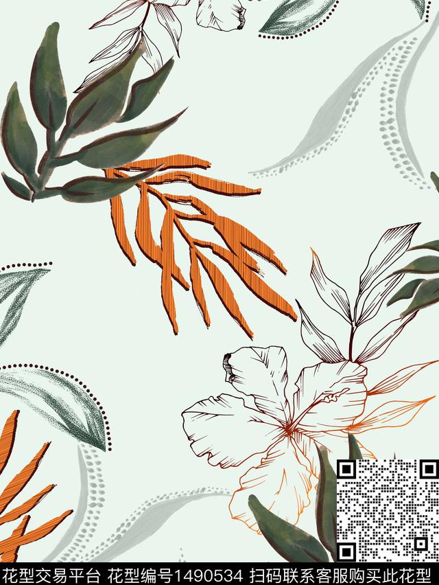 绿植树叶连衣裙女装传统印花华亿平台下载（图片编号: 1490534） - 瓦栏（Walan）