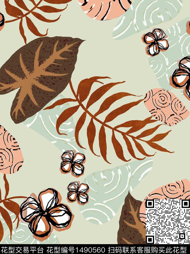 绿植树叶连衣裙女装传统印花华亿平台下载（图片编号: 1490560） - 瓦栏（Walan）