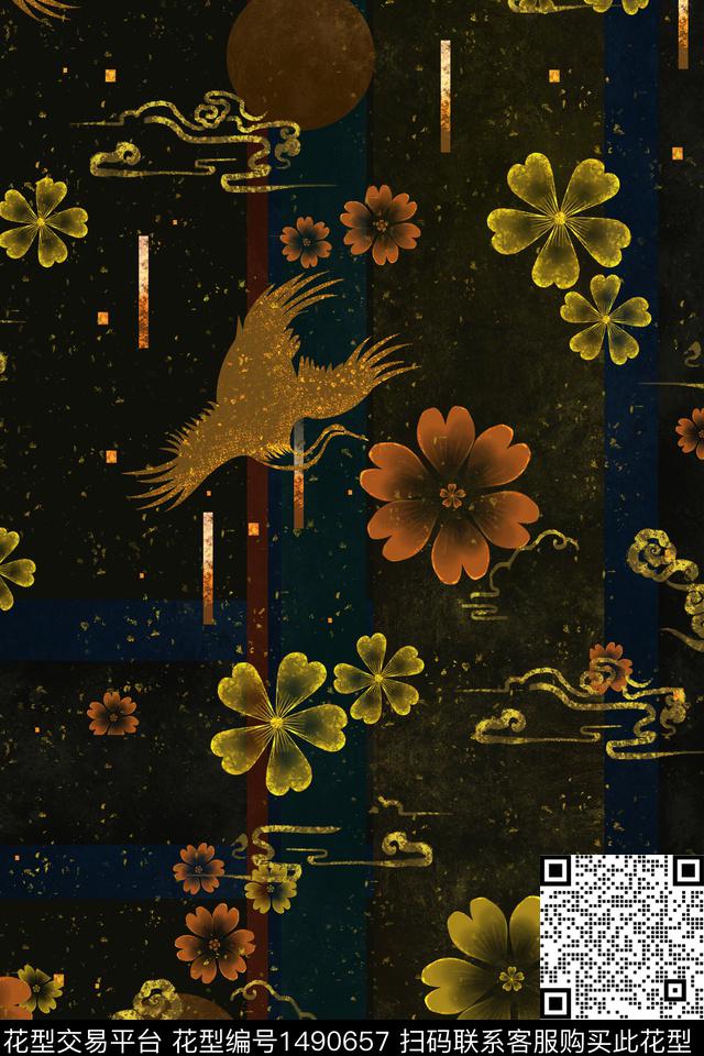 花卉香云纱中国风数码印花华亿平台下载（图片编号: 1490657） - 瓦栏（Walan）