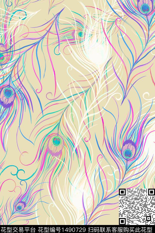 羽毛花卉大牌风数码印花华亿平台下载（图片编号: 1490729） - 瓦栏（Walan）