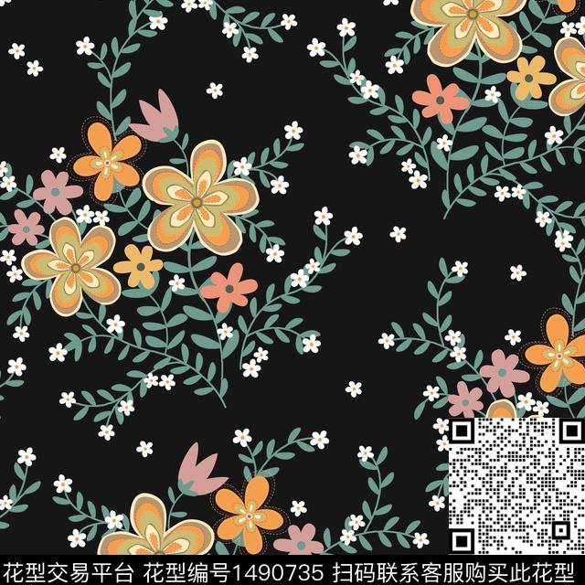 彩底花卉植物手绘花卉数码印花华亿平台下载（图片编号: 1490735） - 瓦栏（Walan）