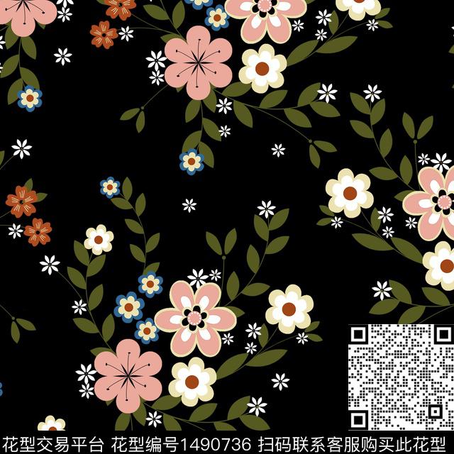 彩底花卉植物手绘花卉数码印花华亿平台下载（图片编号: 1490736） - 瓦栏（Walan）