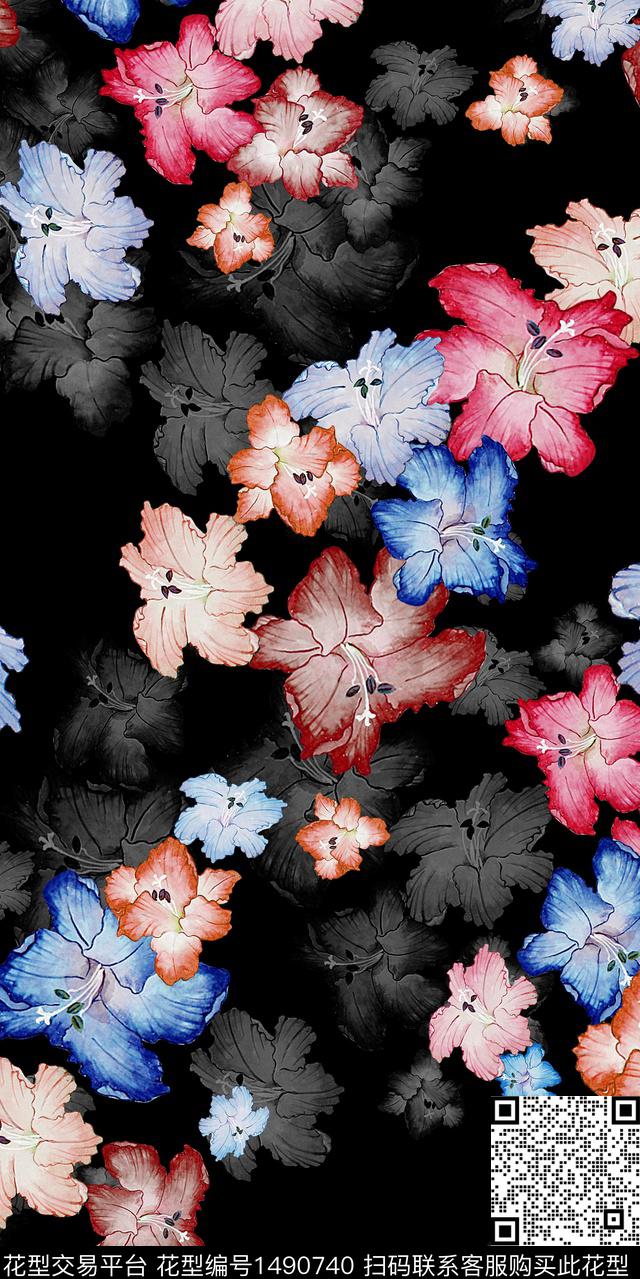 彩底花卉植物手绘花卉数码印花华亿平台下载（图片编号: 1490740） - 瓦栏（Walan）