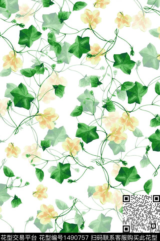 水彩绿植树叶肌理数码印花华亿平台下载（图片编号: 1490757） - 瓦栏（Walan）
