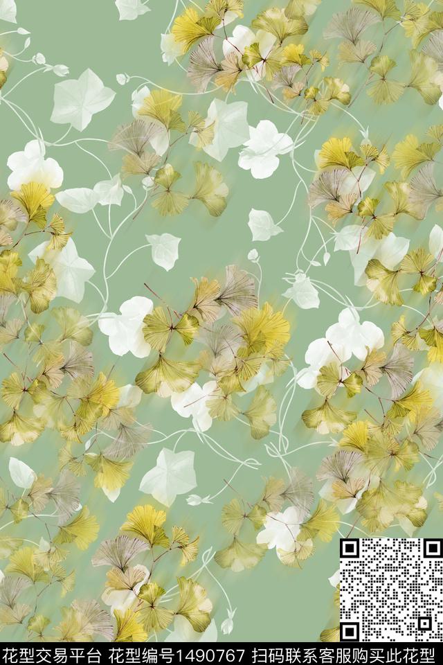 水彩绿植树叶肌理数码印花华亿平台下载（图片编号: 1490767） - 瓦栏（Walan）