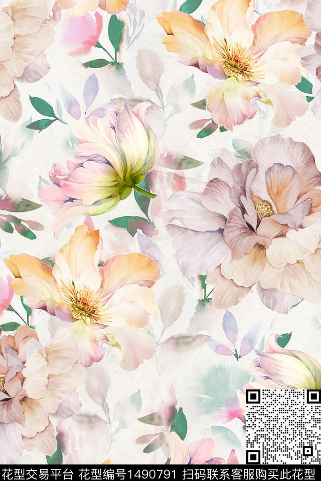 花卉小清新真丝数码印花华亿平台下载（图片编号: 1490791） - 瓦栏（Walan）
