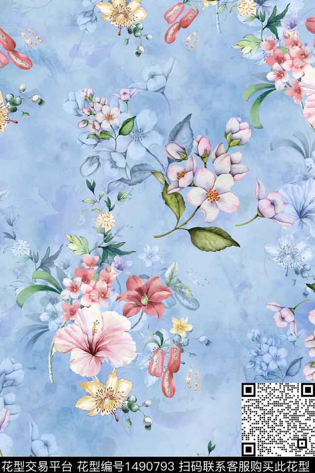 花卉小清新真丝数码印花华亿平台下载（图片编号: 1490793） - 瓦栏（Walan）