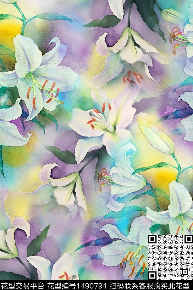 水彩绿植树叶肌理数码印花华亿平台下载（图片编号: 1490794） - 瓦栏（Walan）