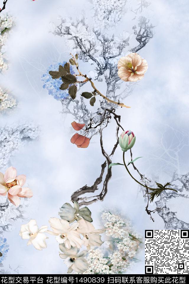 朦胧花卉水墨风花卉数码印花华亿平台下载（图片编号: 1490839） - 瓦栏（Walan）