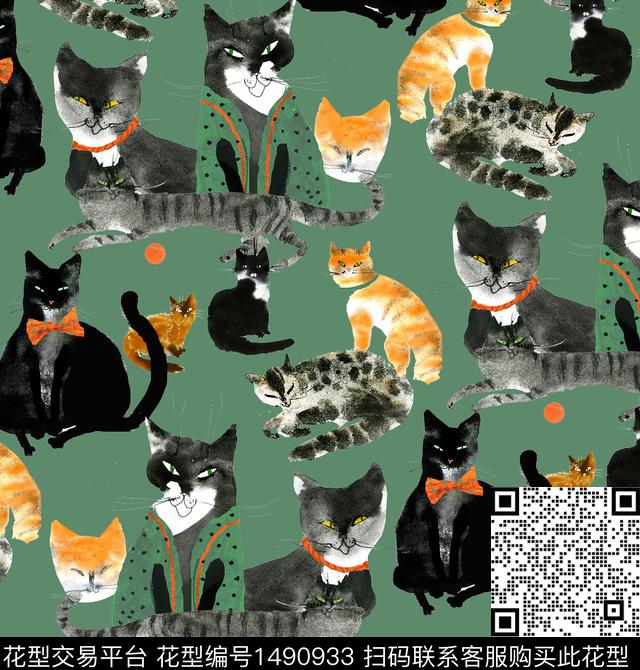 手绘趣味猫数码印花华亿平台下载（图片编号: 1490933） - 瓦栏（Walan）