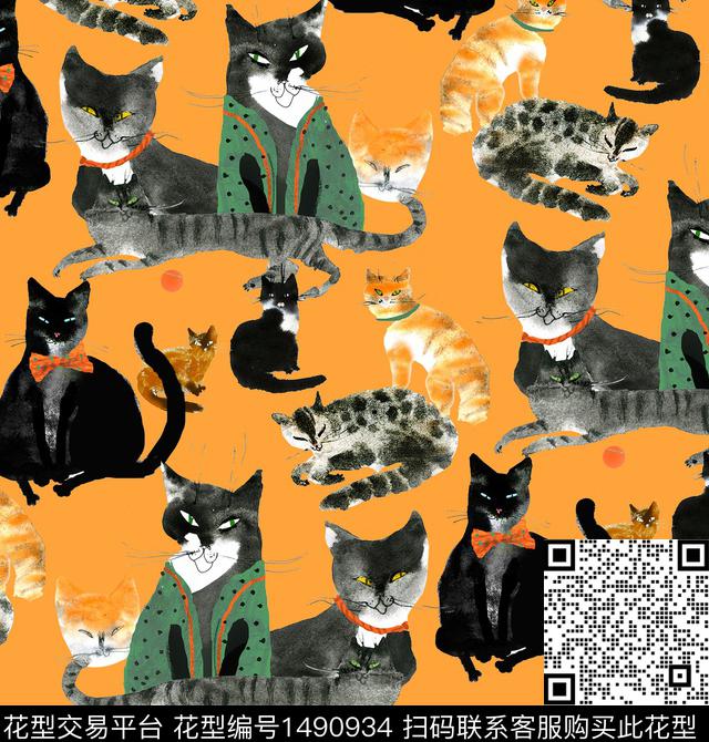 手绘趣味猫数码印花华亿平台下载（图片编号: 1490934） - 瓦栏（Walan）
