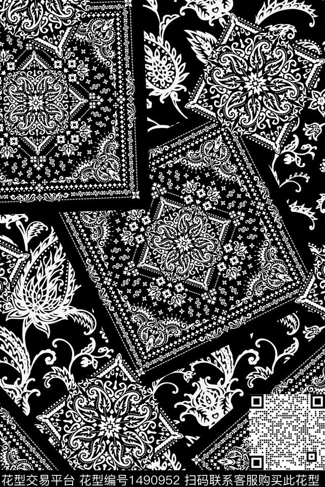 黑白华亿平台民族风佩斯利数码印花华亿平台下载（图片编号: 1490952） - 瓦栏（Walan）