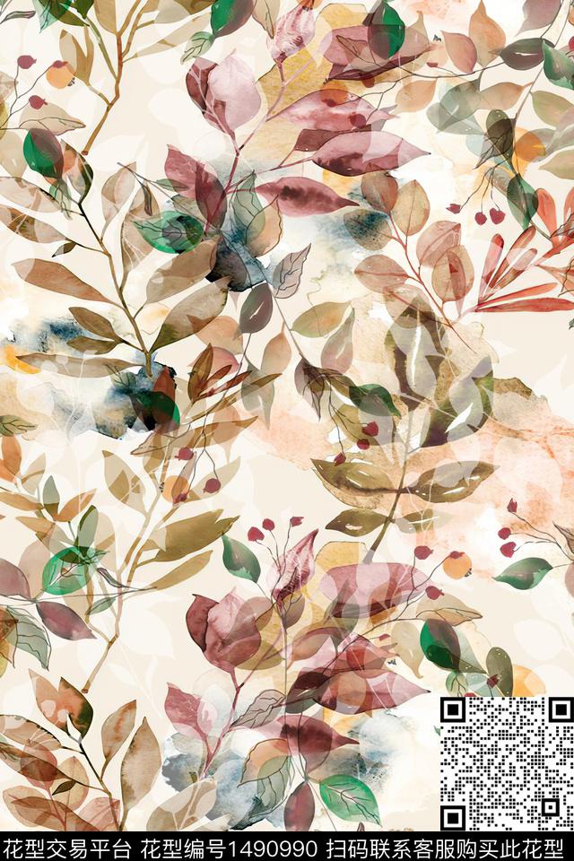 小清新真丝绿植树叶数码印花华亿平台下载（图片编号: 1490990） - 瓦栏（Walan）