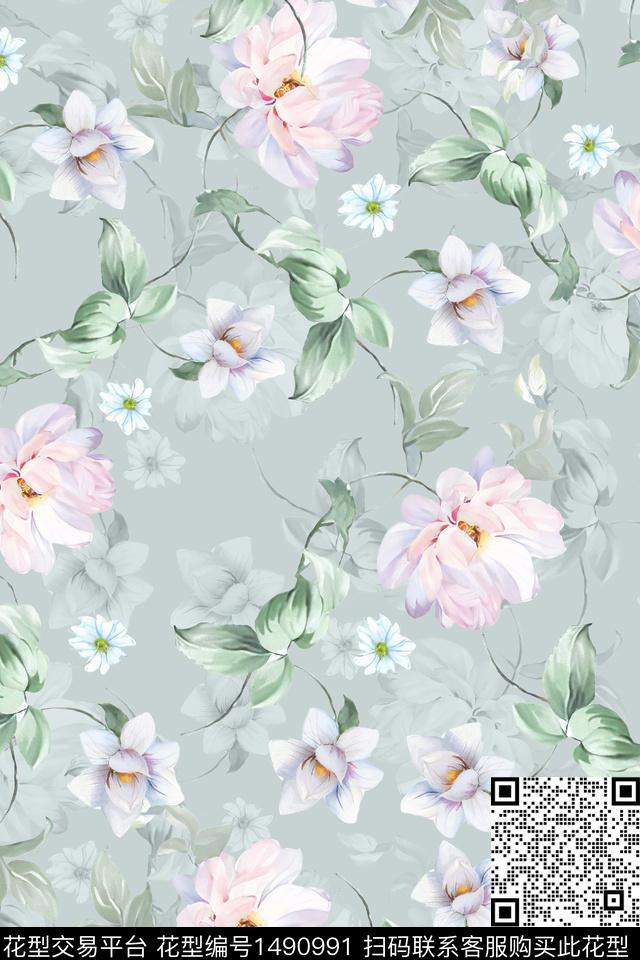 花卉小清新真丝数码印花华亿平台下载（图片编号: 1490991） - 瓦栏（Walan）