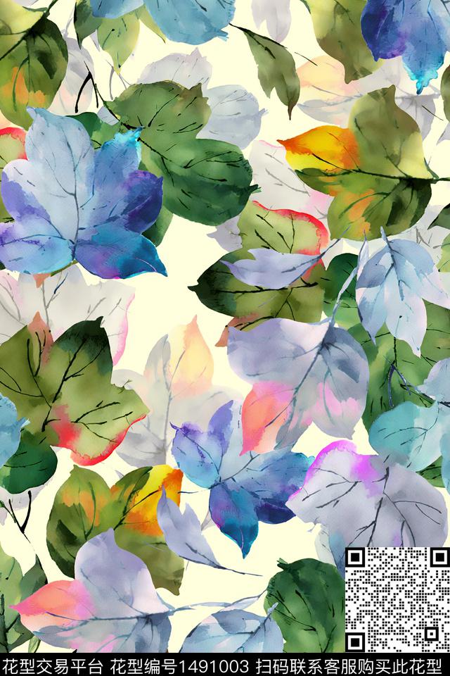 水彩绿植树叶民族花卉数码印花华亿平台下载（图片编号: 1491003） - 瓦栏（Walan）