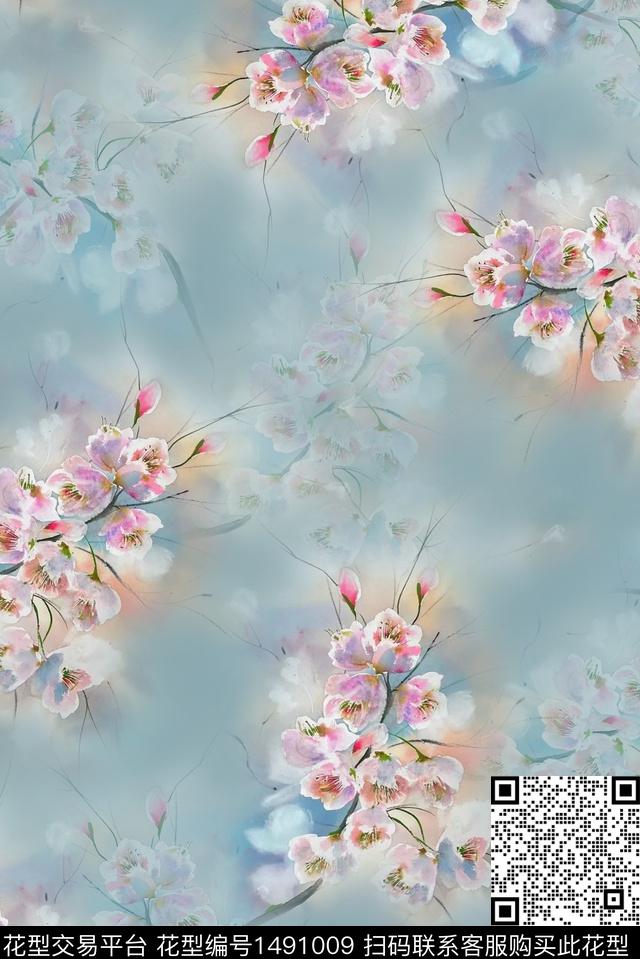 女装真丝水彩花卉数码印花华亿平台下载（图片编号: 1491009） - 瓦栏（Walan）