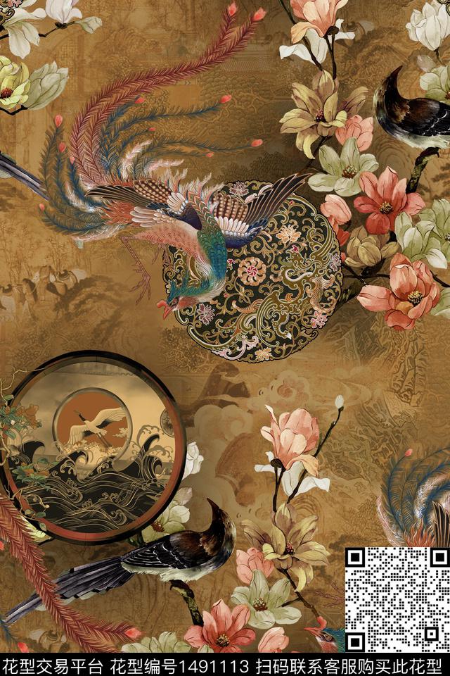 花卉香云纱中国风数码印花华亿平台下载（图片编号: 1491113） - 瓦栏（Walan）