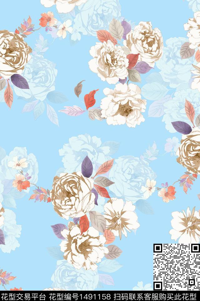 花卉小清新真丝数码印花华亿平台下载（图片编号: 1491158） - 瓦栏（Walan）