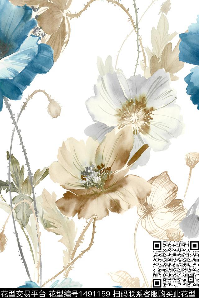 绿植树叶清爽底花卉花卉数码印花华亿平台下载（图片编号: 1491159） - 瓦栏（Walan）