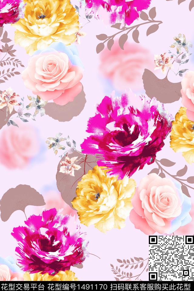 花卉大牌风手绘数码印花华亿平台下载（图片编号: 1491170） - 瓦栏（Walan）