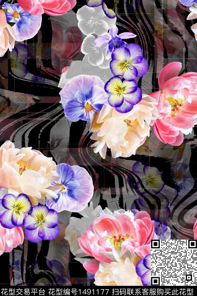 花卉大牌风手绘数码印花华亿平台下载（图片编号: 1491177） - 瓦栏（Walan）