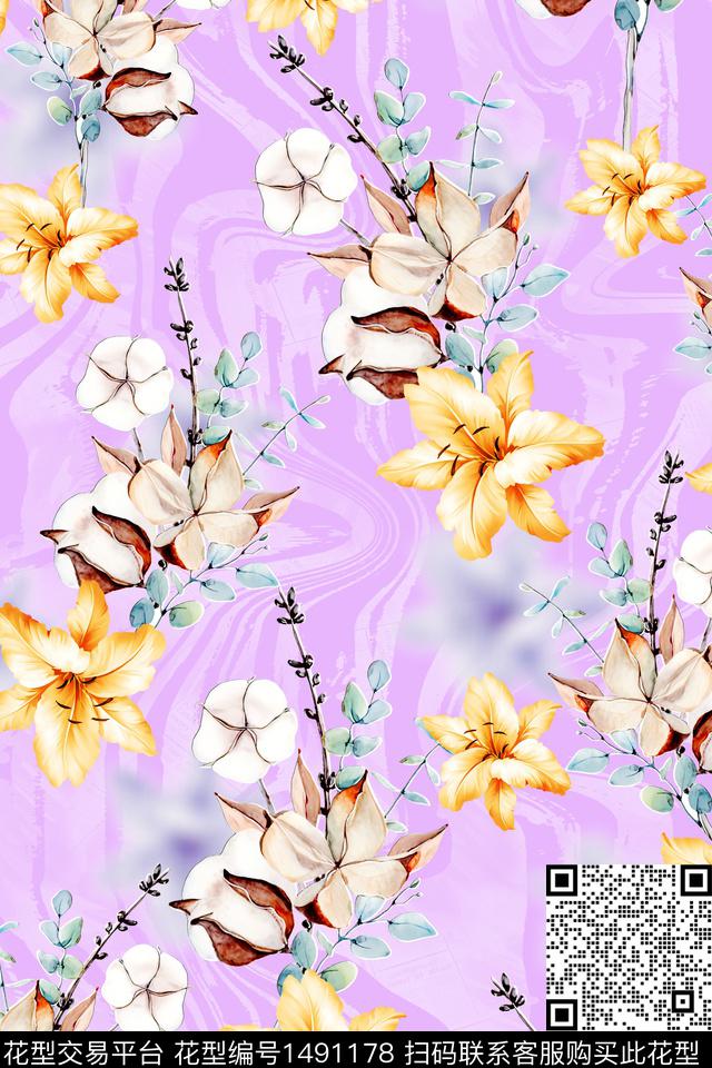 花卉大牌风手绘数码印花华亿平台下载（图片编号: 1491178） - 瓦栏（Walan）