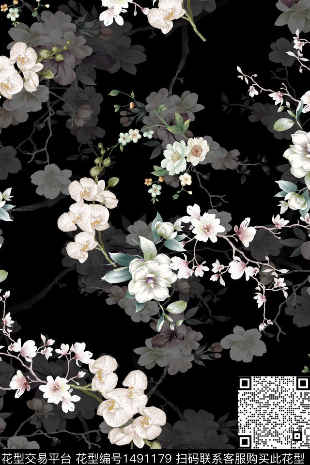 花卉大牌风手绘数码印花华亿平台下载（图片编号: 1491179） - 瓦栏（Walan）