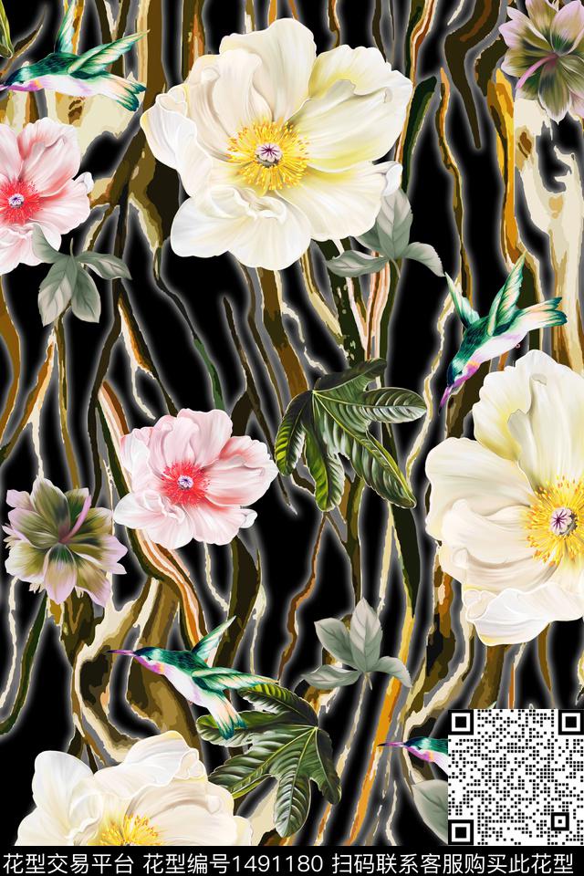花卉大牌风手绘数码印花华亿平台下载（图片编号: 1491180） - 瓦栏（Walan）