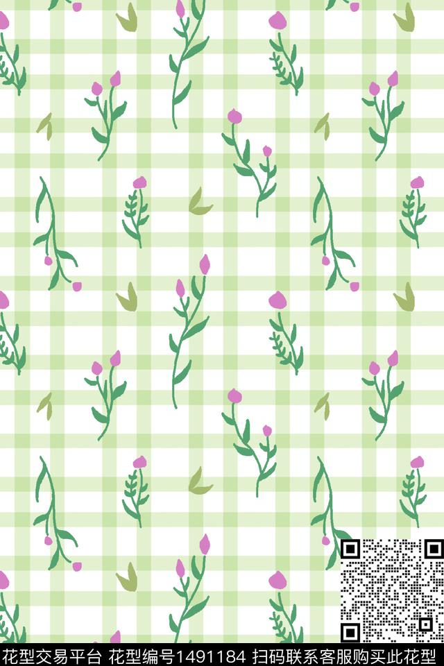 格子花卉小清新数码印花华亿平台下载（图片编号: 1491184） - 瓦栏（Walan）