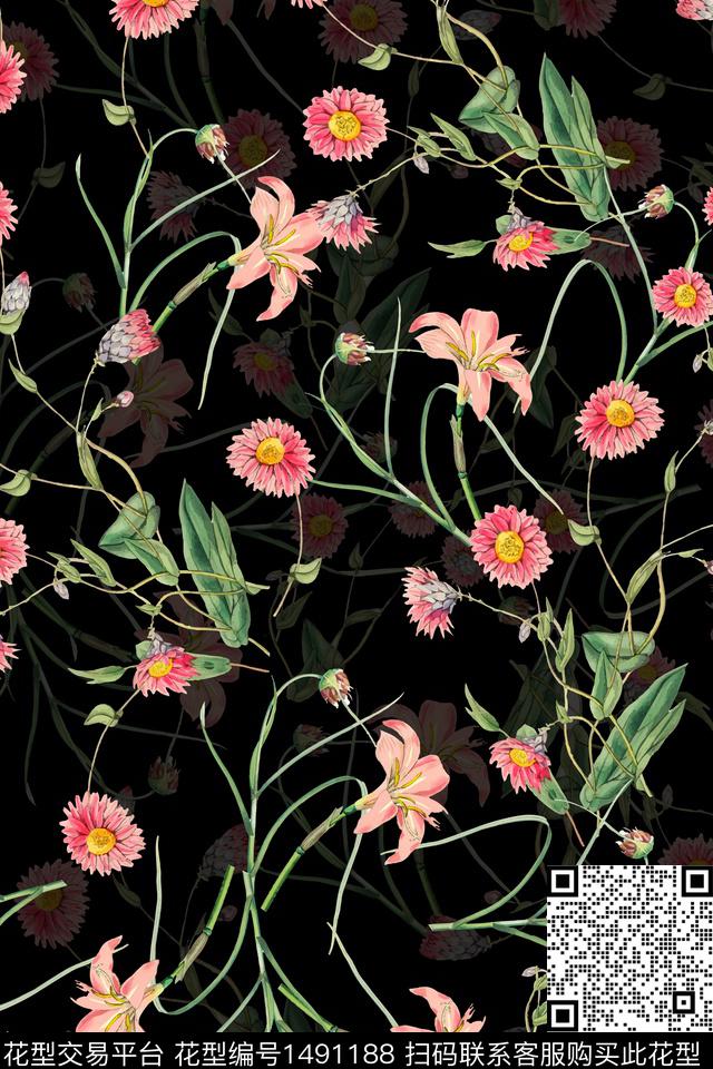 时尚花卉真丝数码印花华亿平台下载（图片编号: 1491188） - 瓦栏（Walan）