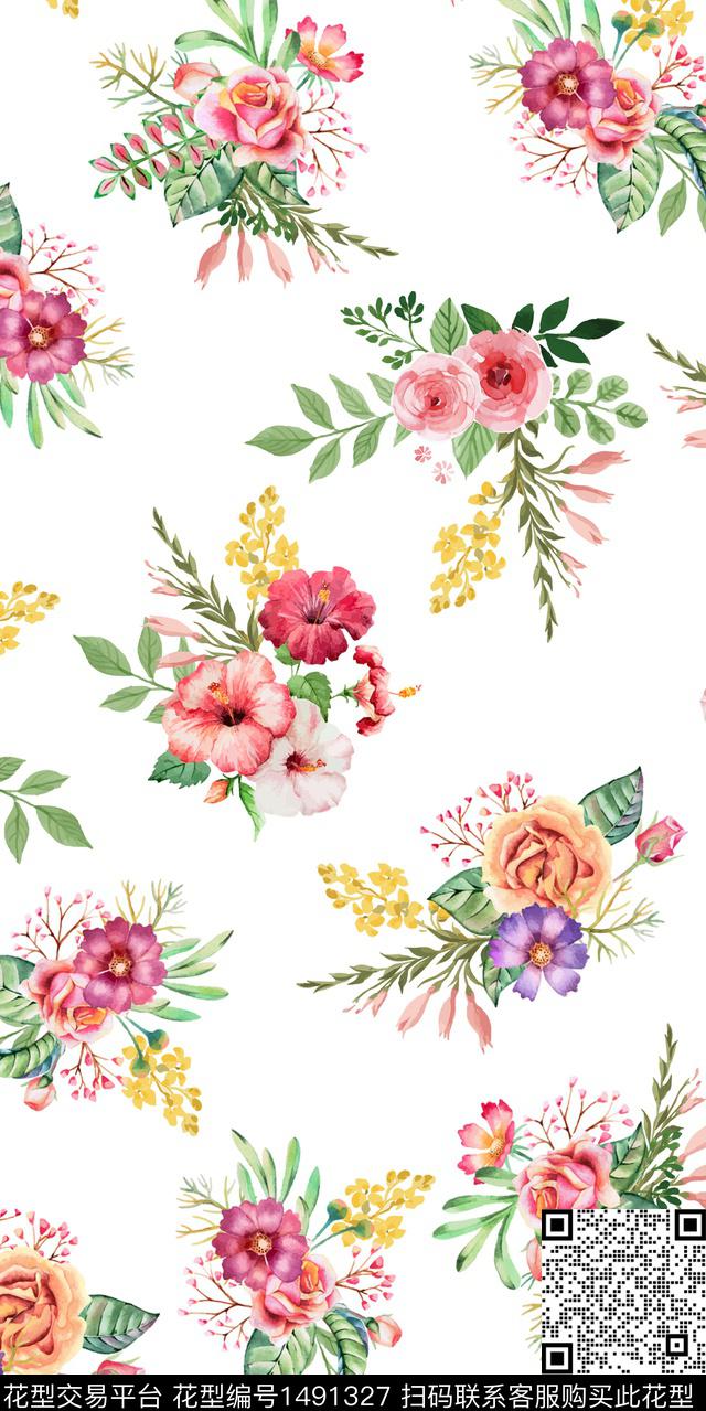 植物水彩花卉满版散花数码印花华亿平台下载（图片编号: 1491327） - 瓦栏（Walan）