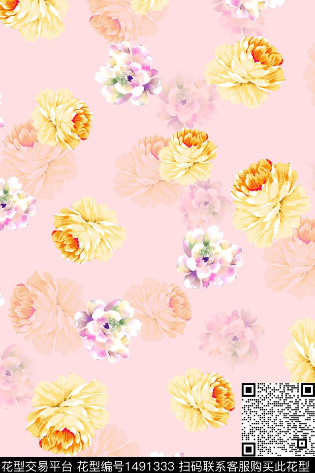 花卉大牌风手绘数码印花华亿平台下载（图片编号: 1491333） - 瓦栏（Walan）