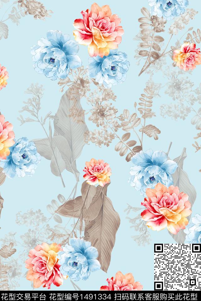 花卉大牌风手绘数码印花华亿平台下载（图片编号: 1491334） - 瓦栏（Walan）