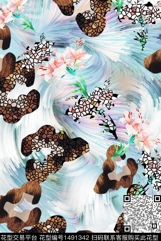 花卉大牌风手绘数码印花华亿平台下载（图片编号: 1491342） - 瓦栏（Walan）