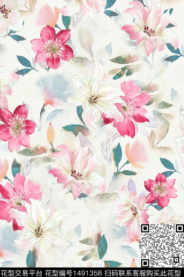 花卉小清新真丝数码印花华亿平台下载（图片编号: 1491358） - 瓦栏（Walan）