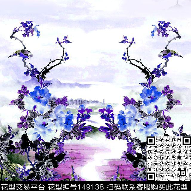 山水画花卉手绘数码印花华亿平台下载（图片编号: 149138） - 瓦栏（Walan）