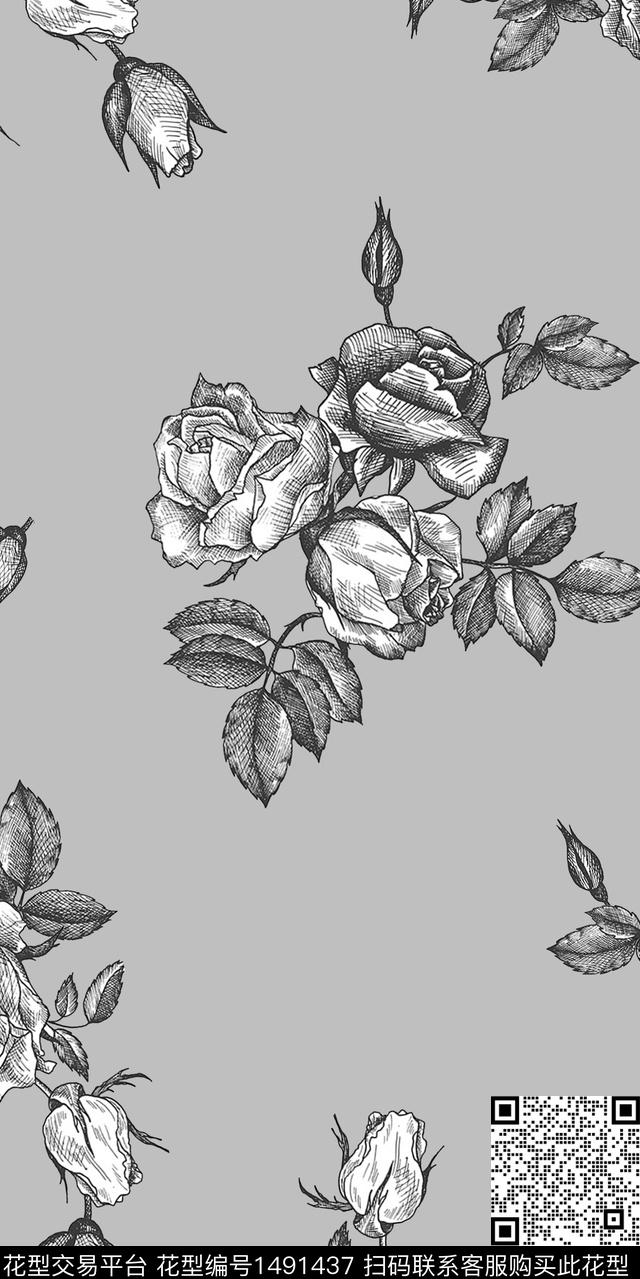 黑底花卉手绘黑白华亿平台数码印花华亿平台下载（图片编号: 1491437） - 瓦栏（Walan）