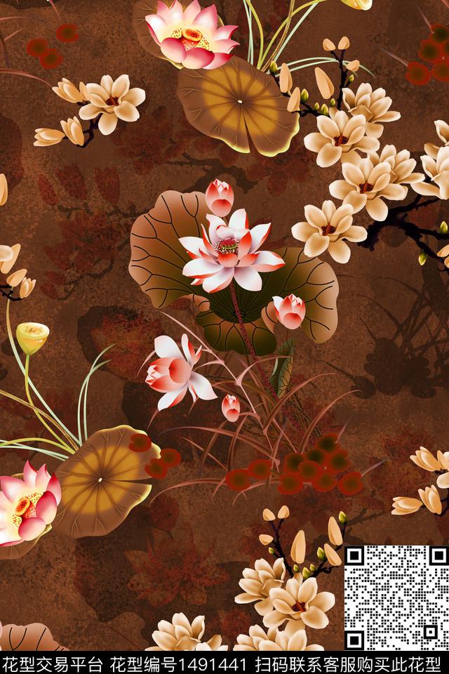 花卉香云纱旗袍数码印花华亿平台下载（图片编号: 1491441） - 瓦栏（Walan）