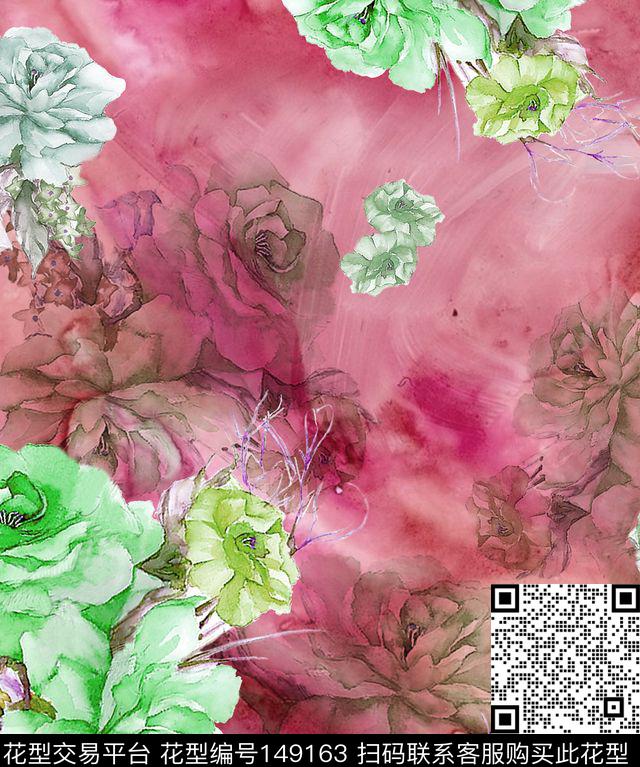 花卉水彩数码印花华亿平台下载（图片编号: 149163） - 瓦栏（Walan）