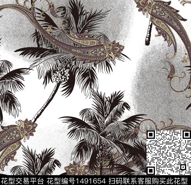 绿植树叶几何佩斯利数码印花华亿平台下载（图片编号: 1491654） - 瓦栏（Walan）