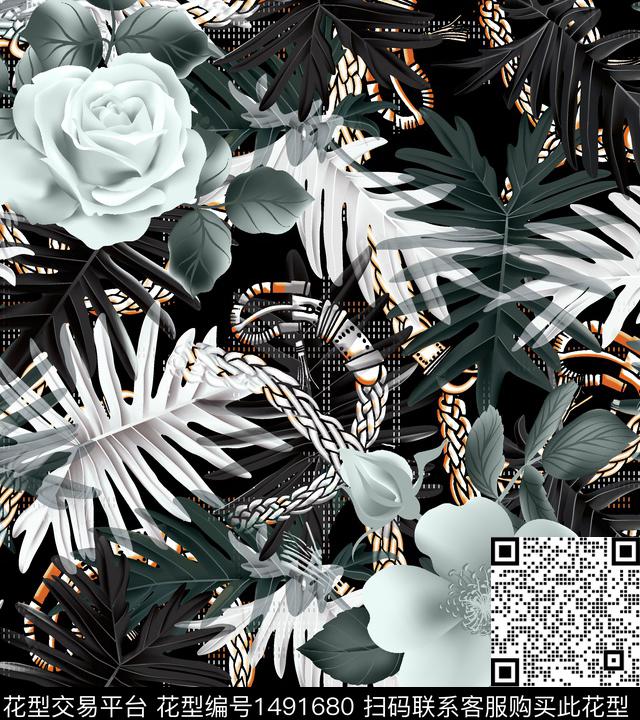 绿植树叶几何链条数码印花华亿平台下载（图片编号: 1491680） - 瓦栏（Walan）