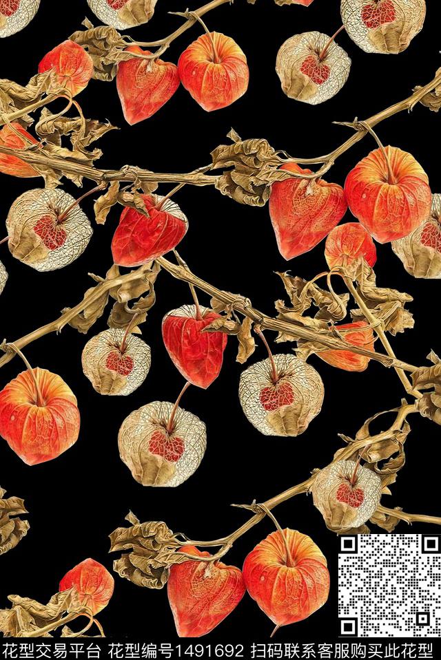 黑底花卉女装真丝数码印花华亿平台下载（图片编号: 1491692） - 瓦栏（Walan）