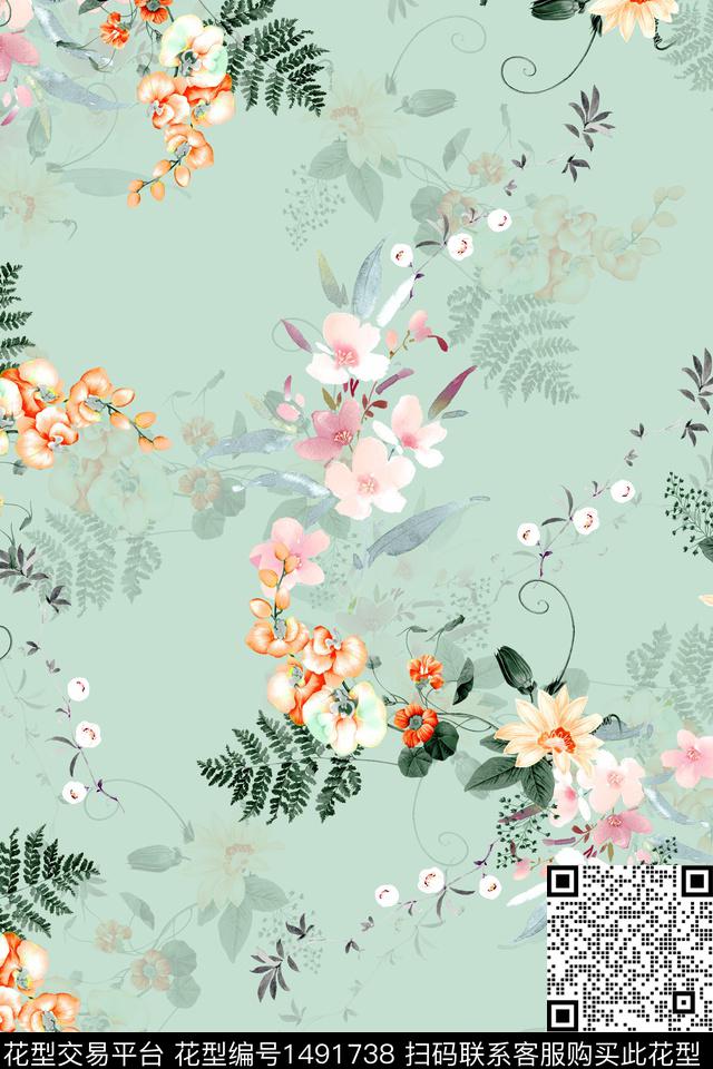 花卉大牌风手绘数码印花华亿平台下载（图片编号: 1491738） - 瓦栏（Walan）