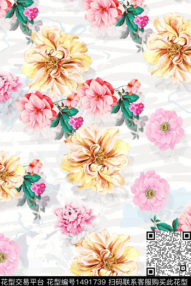 花卉大牌风手绘数码印花华亿平台下载（图片编号: 1491739） - 瓦栏（Walan）