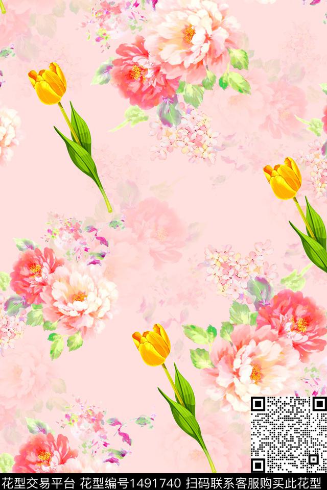 花卉大牌风手绘数码印花华亿平台下载（图片编号: 1491740） - 瓦栏（Walan）
