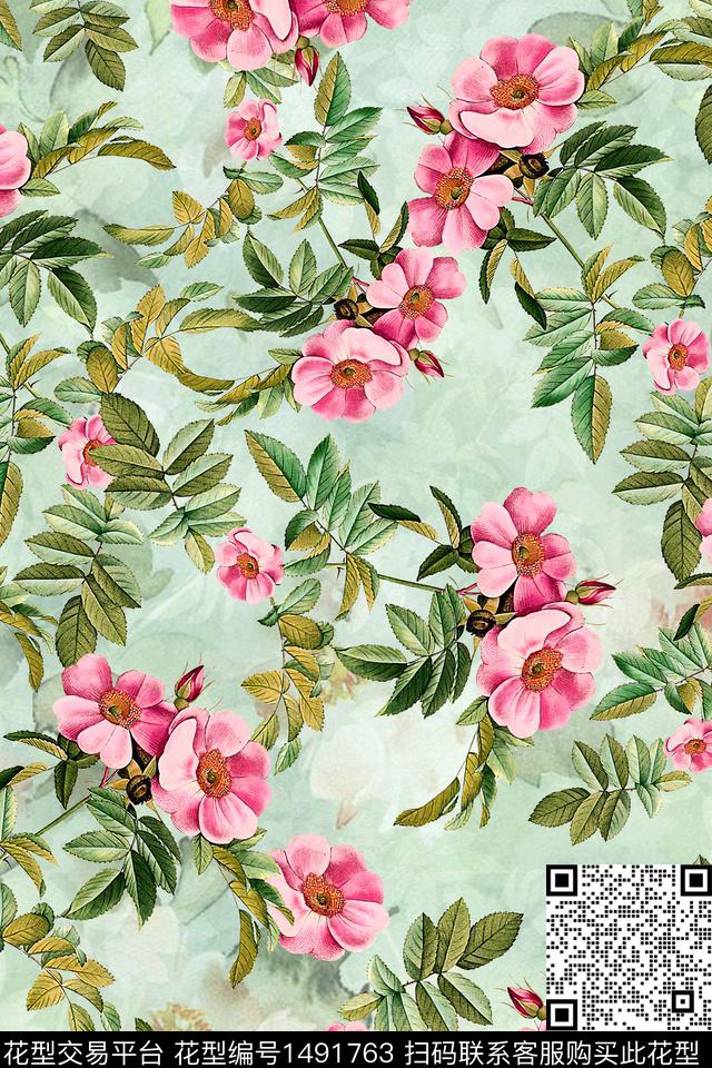 花卉小清新真丝数码印花华亿平台下载（图片编号: 1491763） - 瓦栏（Walan）