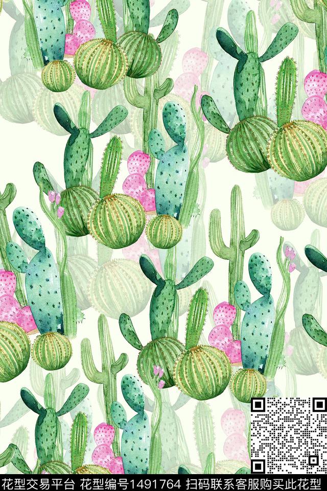 仙人掌小清新真丝传统印花华亿平台下载（图片编号: 1491764） - 瓦栏（Walan）