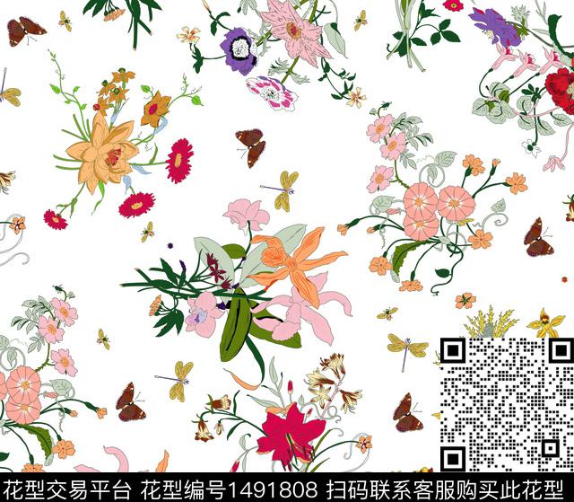 花卉蝴蝶手绘白底花数码印花华亿平台下载（图片编号: 1491808） - 瓦栏（Walan）