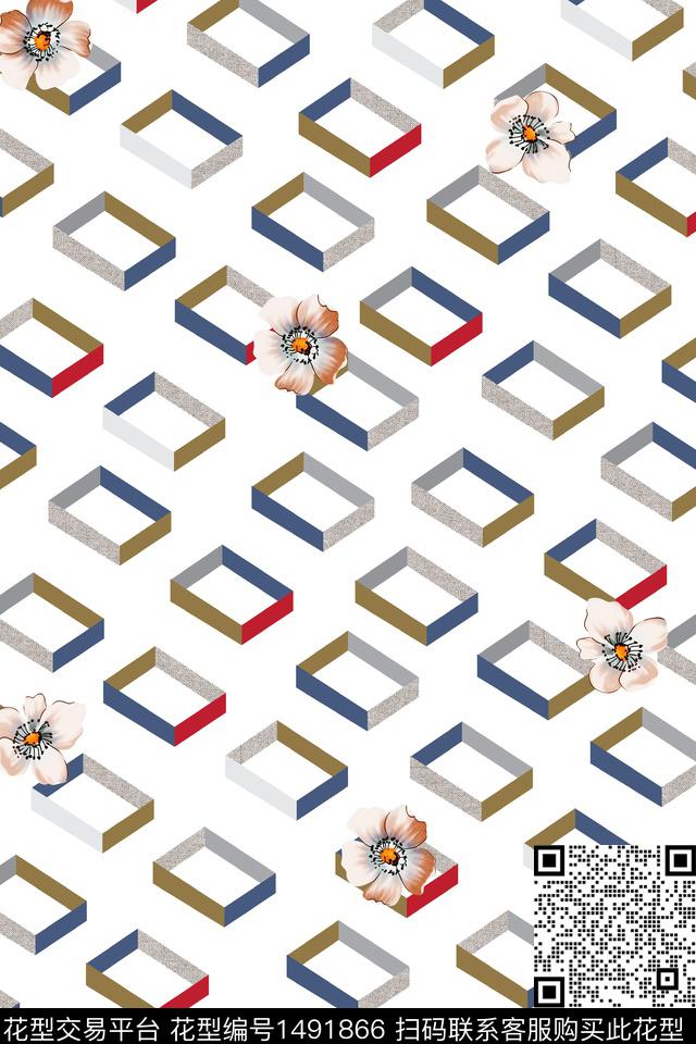 几何格子花卉数码印花华亿平台下载（图片编号: 1491866） - 瓦栏（Walan）