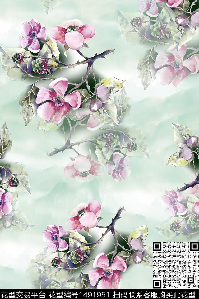 花卉小清新真丝数码印花华亿平台下载（图片编号: 1491951） - 瓦栏（Walan）